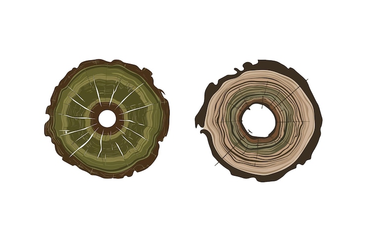 Vector anillos de árboles forestales sección transversal natural serrada y del tronco anillos de círculos de madera conjunto vectorial de plantillas