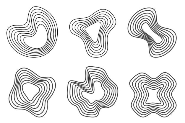 Anillos de árboles patrones orgánicos. Círculos de líneas topográficas. Formas de contorno onduladas de la naturaleza. Iconos vectoriales topográficos.