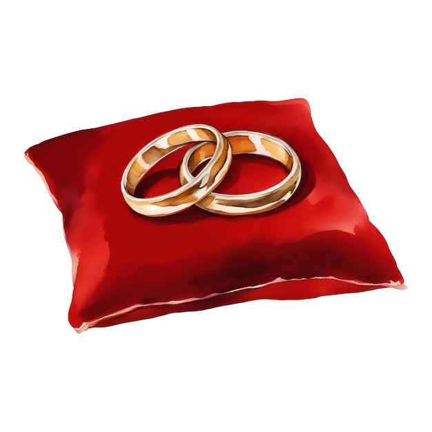 Anillos de boda dorados para pareja en almohada roja Ilustración de pintura de acuarela dibujada a mano aislada