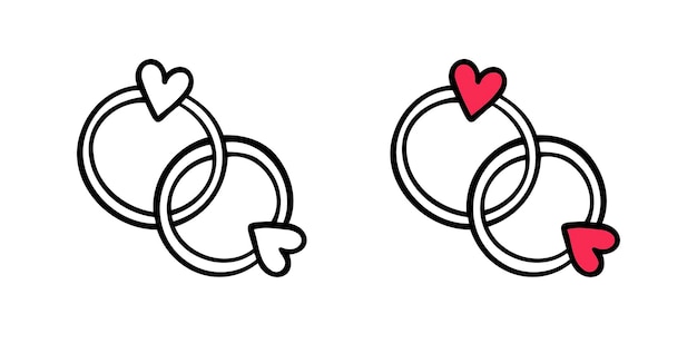 Anillos de bodas enlazados dibujado a mano icono propuesta de matrimonio anillo de diamantes en forma de corazón concepto de