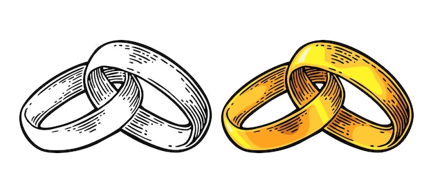 Anillos de bodas de oro dibujado a mano en un estilo gráfico ilustración de grabado de color vintage y vector negro para web de póster gráfico de información aislado sobre fondo blanco