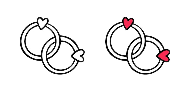 Anillos de bodas vinculados icono dibujado a mano propuesta de matrimonio Anillo de diamantes en forma de corazón Concepto de boda amor de San Valentín