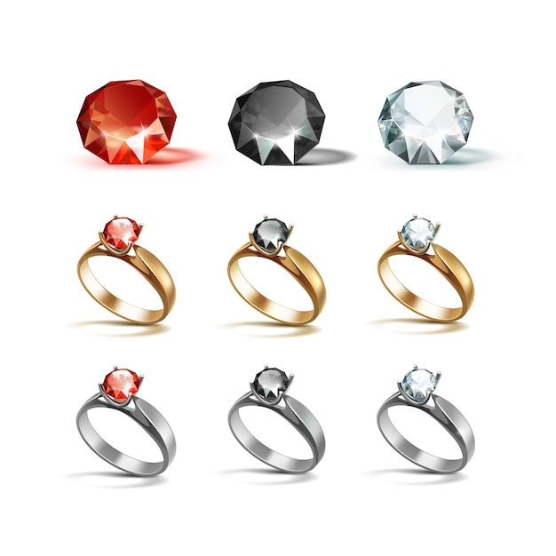 Vector anillos de compromiso de oro siver diamantes rojos y blancos