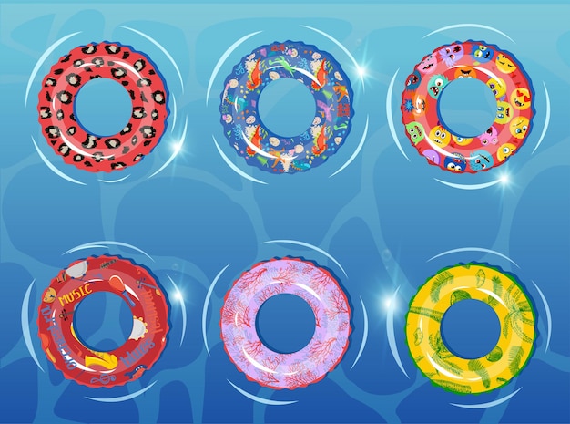 Anillos de goma colocados en el fondo de la cuenca de agua Anillo de natación Juguete de goma colorido iconos realistas