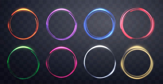 Anillos mágicos brillantes Neon anillos de llamaradas de energía realistas con efecto de luz de partículas brillantes
