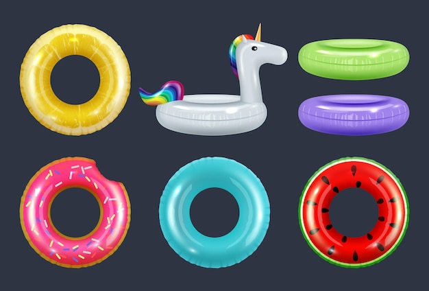 Vector anillos de natación equipo de donut de goma de seguridad inflable de color para vacaciones de agua atracciones de verano símbolos colección realista de vector decente