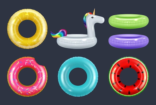 Anillos de natación Equipo de donut de goma de seguridad inflable de color para vacaciones de agua atracciones de verano símbolos colección realista de vector decente