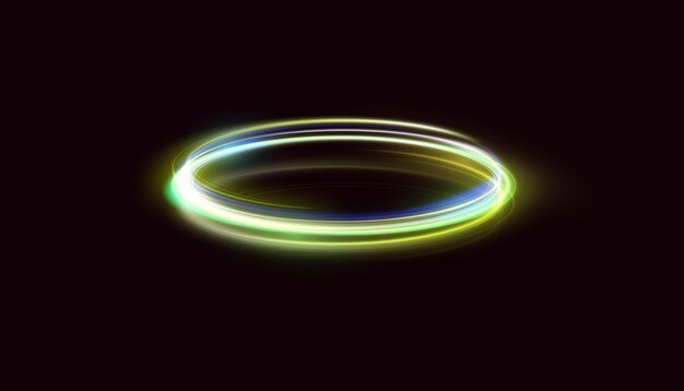 Anillos de neón abstractos. Un rastro brillante de rayos luminosos girando en un rápido movimiento en espiral.