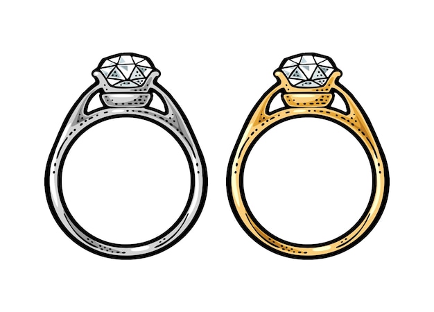 Vector anillos de oro y platino con diamantes ilustración de grabado vectorial de color vintage para web de etiqueta de póster aislado sobre fondo blanco elemento de diseño dibujado a mano
