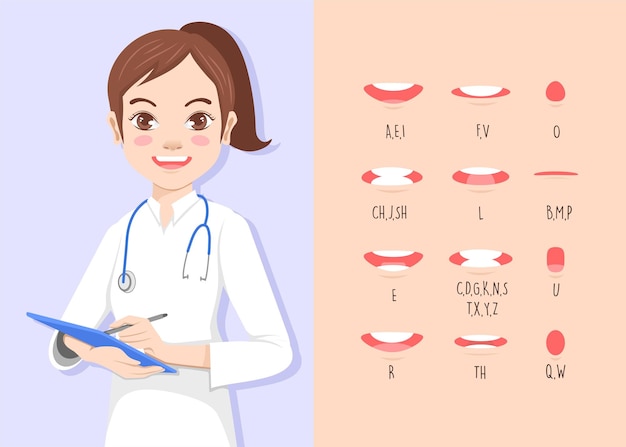 Animación de la boca de la doctora. Diagrama de boca de fonemas. Pronunciación del alfabeto. ilustración vectorial