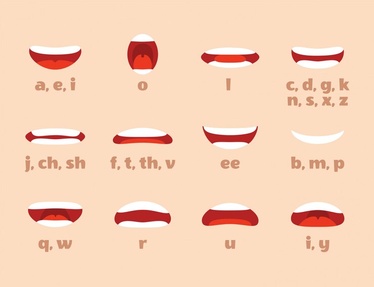 Vector animación de boca. los labios de dibujos animados hablan expresión, articulación y sonrisa. hablando hablando boca aislado