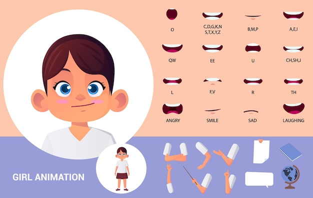 Vector animación de boca de personaje de niña pequeña y sincronización de labios con gestos de mano y elementos