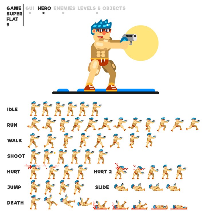 Vector animación de un chico con una pistola para crear un videojuego