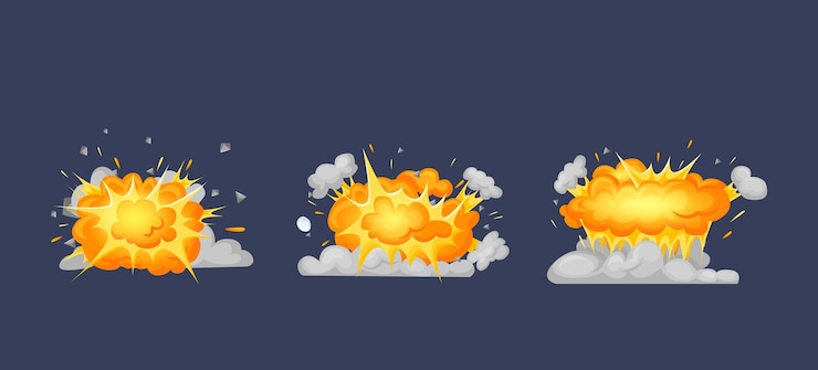 Vector animación de cuadros con efecto de explosión ardiente dividida en cuadros de escenas separadas efecto de explosión llama ardiente dispersión de partículas con nube de humo ilustración vectorial