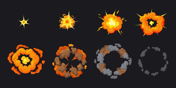 Vector animación de explosión marco de sprite de humo explosivo de dibujos animados para efecto de movimiento de hojaldre de juego explotar bomba boom cómico flash fuego guión gráfico explosión atómica golpe energía vector limpio