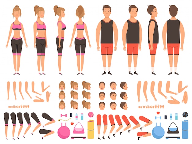 Animación de gente deportiva. Kit de creación de partes de cuerpo de mascotas de entrenamiento masculino y femenino de fitness