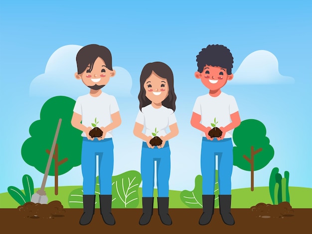 Animación de jóvenes plantación de árboles para salvar el mundo diseño vectorial de dibujos animados