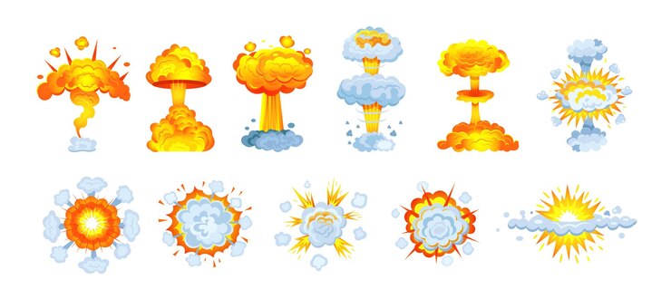 Vector animación para juego de efecto de explosión, humo de fuego, quema con elementos llama, partículas