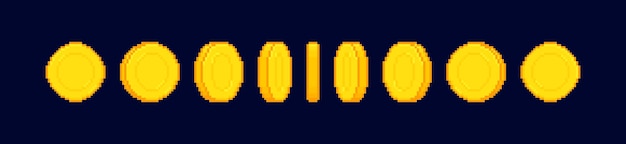 Animación de moneda de arte de 8 bits aislada en fondo oscuro Marcos animados de dinero de píxeles Moneda de oro