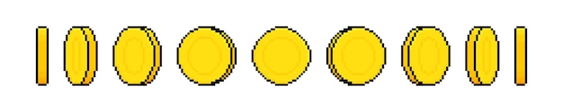 Vector animación de monedas de arte de píxeles de 8 bits marcos animados de dinero de píxeles diseño de monedas de oro para juegos ilustración vectorial