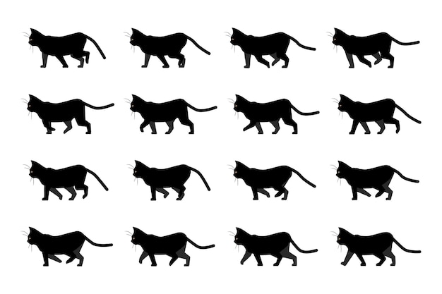 Animación de paseo de gato silueta de animal doméstico gatito negro caminante con ojos amarillos vista lateral de mascota en movimiento sprite de secuencia de animación de gatito de dibujos animados movimiento de carácter vectorial