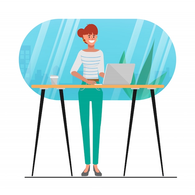 Vector animación de personajes de mujer joven usando una computadora portátil en la tienda de café. blogger de moda estilo de vida actividad de personas.