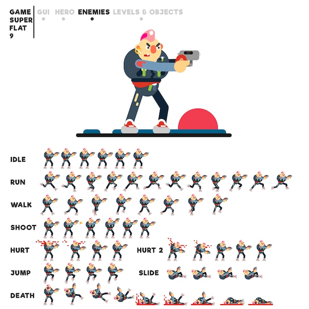 Vector animación de un punk con una pistola para crear un videojuego