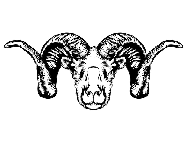 Vector la animación del tatuaje de la cabeza de cabra con cuernos.