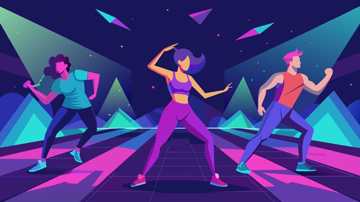 Vector una animada clase de aeróbico virtual con luces de neón y fondos vibrantes para mantener la energía alta ilustración vectorial