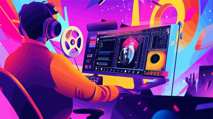 Vector animador profesional creando arte digital en la pantalla de la computadora
