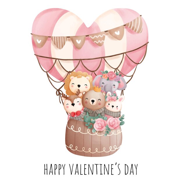 Animal del bosque del día de san valentín con globo de corazón