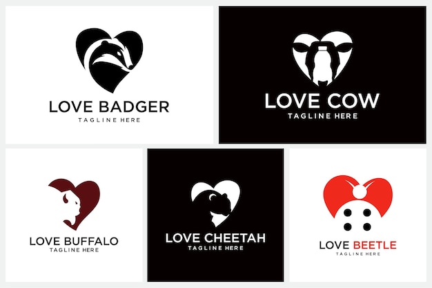 animal combinación corazón logo colección amor tejón amor vaca amor búfalo amor guepardo