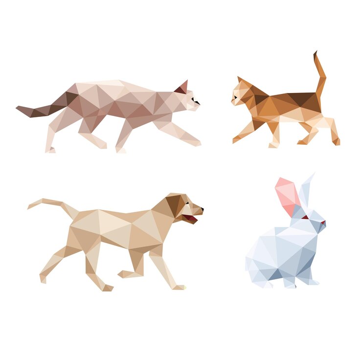 Animal de compañía en el conjunto de vectores abstractos poligonales Colección de vectores poligonales de perro gato conejo