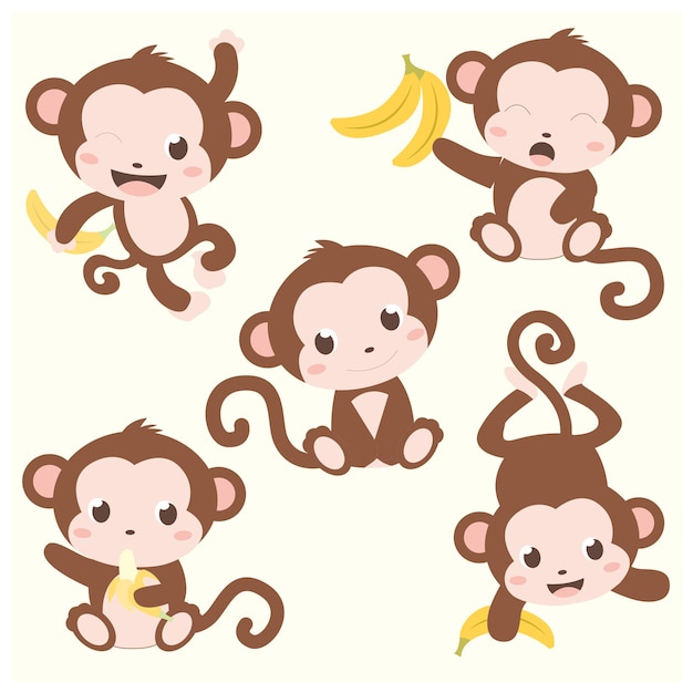 Vector animal cute little baby monkeys set