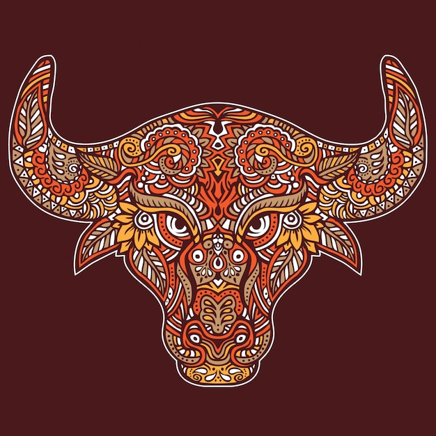 Animal de la fauna de cabeza de toro con patrón ornamental de Paisley