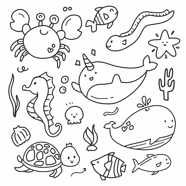 Animal marino bajo el agua elemento de conjunto de vectores de dibujo a mano. Lindo símbolo de logotipo de contorno de dibujo de vivero de animales. Criatura marina de cangrejos, peces, ballenas, tortugas, caballitos de mar, estrellas de mar