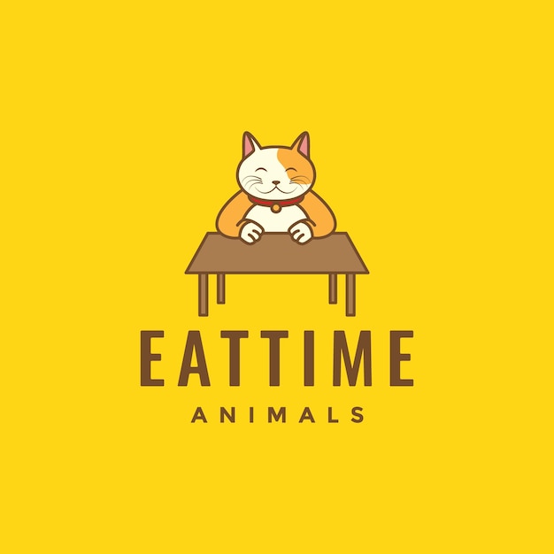 Animal mascotas gato gatito grasa comer mesa mascota dibujos animados lindo logotipo diseño vector