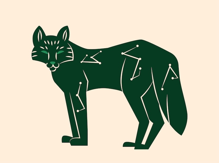 Vector animal místico en estilo boho silueta verde de lobo misticismo y esoterismo ocultismo elemento gráfico para sitio web ilustración de vector plano de dibujos animados aislado sobre fondo beige