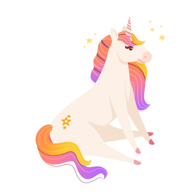 Animal mítico mágico del unicornio de cuento de hadas sentado en la ilustración de vector de suelo