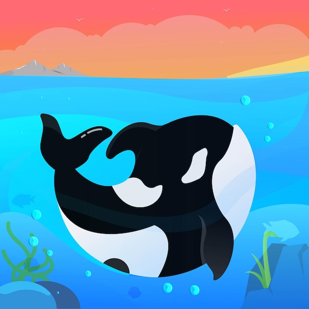 Vector animal orca felizmente en el océano.