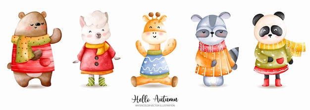 Animal otoño acuarela acción de gracias ilustración vectorial oso oveja jirafa mapache PandaxDxA