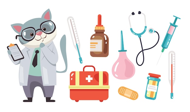 Animal personaje lindo médico con herramientas concepto de hospital Ilustración de diseño gráfico vectorial