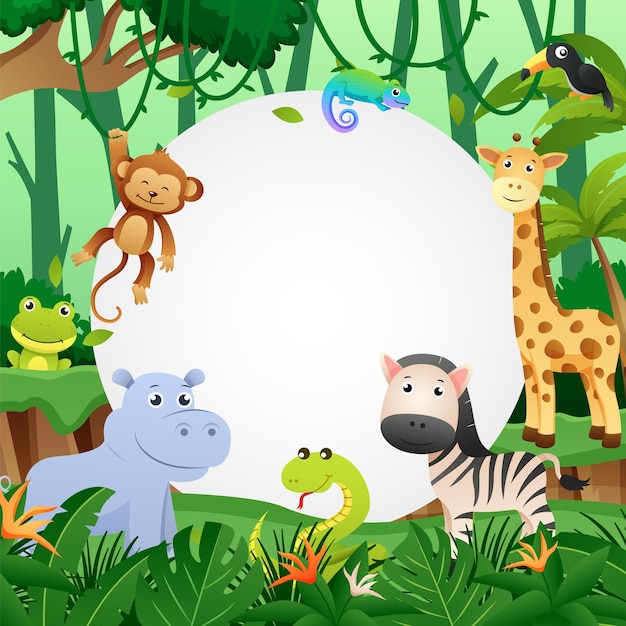 Animal salvaje en la jungla con espacio de copia circular Estilo infantil Vector