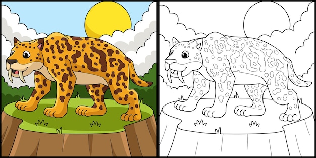 Animal Smilodon Página Para Colorear Ilustración Coloreada