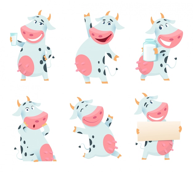 Animal de vaca lechera. Personaje de granja de dibujos animados comiendo y posando vacas mascotas aisladas