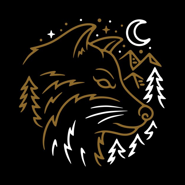 Animal wolf night line ilustración gráfica arte vectorial diseño de camiseta