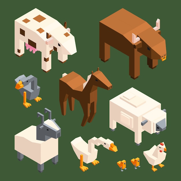 Animales 3d de baja poli. aislar animales de granja isométrica