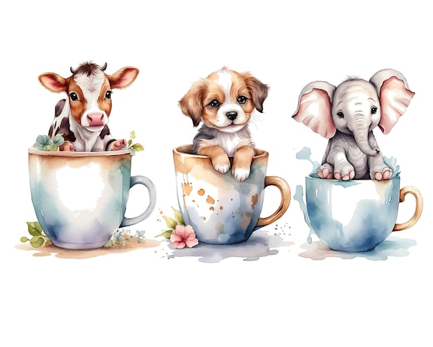 Animales de acuarela en una ilustración de taza