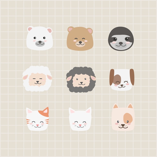 Animales adorables lindos iconos de cara