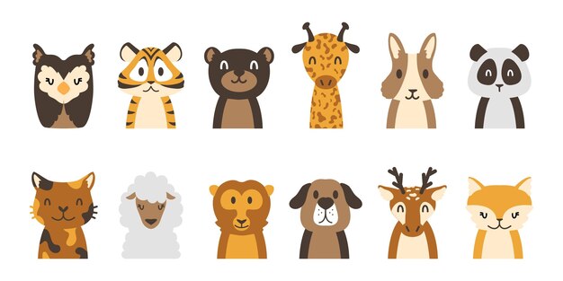 Animales adorables personajes de fauna bebé de dibujos animados minimalistas para fondos de pantalla y textiles para niños lindo león y oso cabezas de perro o pingüino panda y koala caras de criaturas del bosque vector conjunto de mascotas divertidas